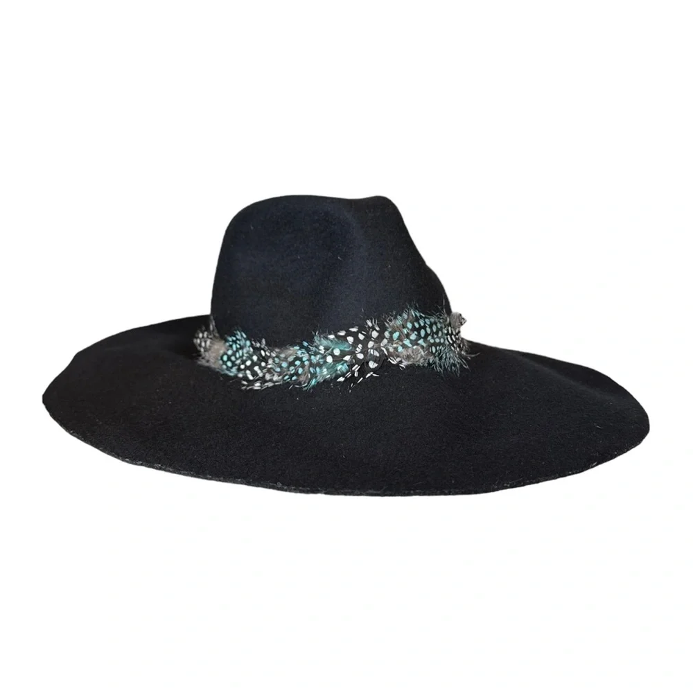 American Eagle Women’s Boho Wide Brim Floppy Hat Black 100% Wool Feather Trim